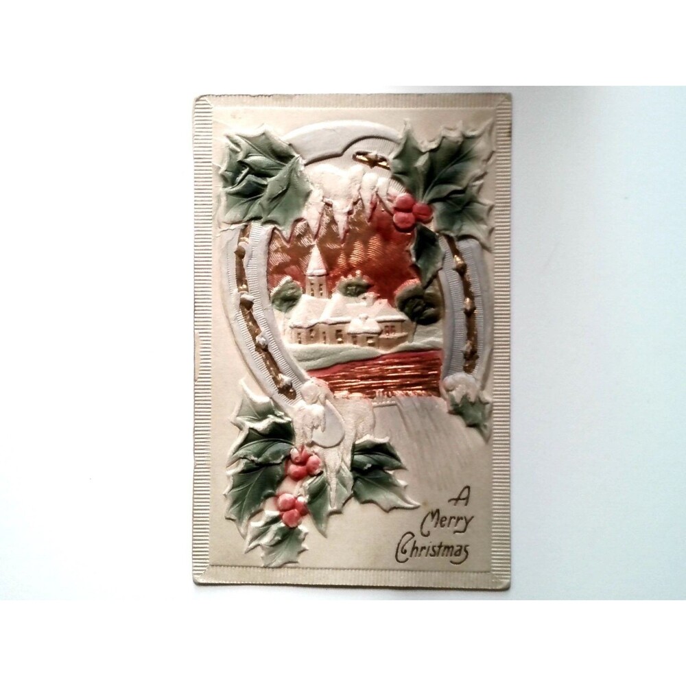 Embossed A Merry Christmas Winter Village Holly Postcard Made in Germany